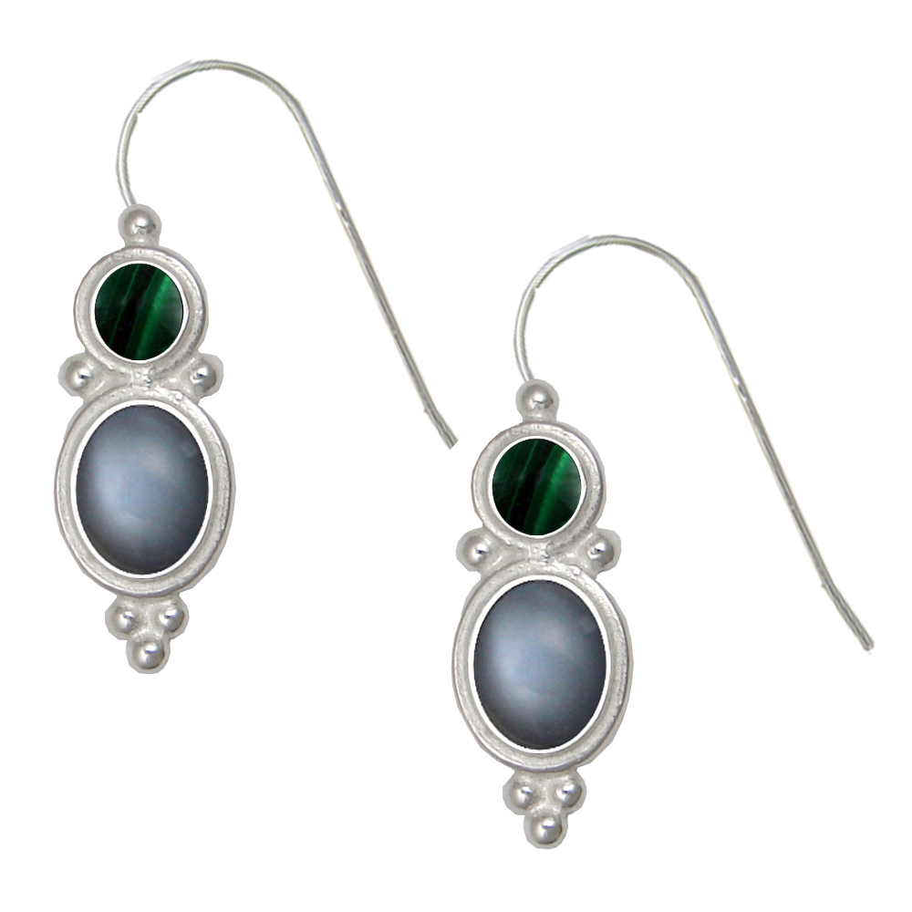 Sterling Silver Drop Dangle Earrings Grey Moonstone And Malachite